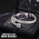 Baguette Moissanite Open Bangle – 7/8-Inch | 5.5MM | Silver, Gold Plated & Rose Gold Plated over 925 Silver | GRA Certified