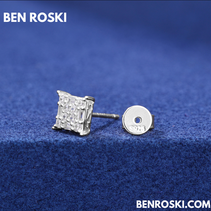 Square Cluster Stud Earrings Sterling Silver or Gold/Rose Gold Plated | VVS Moissanite | GRA Certified