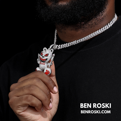 Evil Teddy Bear Pendant Sterling Silver or Gold / Rose Gold Plated | VVS Moissanite | GRA Certified