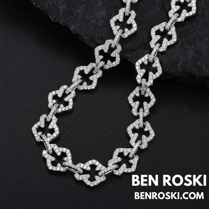 Iced-Out Clover Link Necklace Sterling Silver, Gold & Rose Gold | VVS Moissanite | GRA Certified