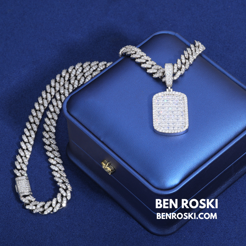 Iced Moissanite Rectangular Pendant Sterling Silver, Gold or Rose Gold Plated | VVS Moissanite | GRA Certified