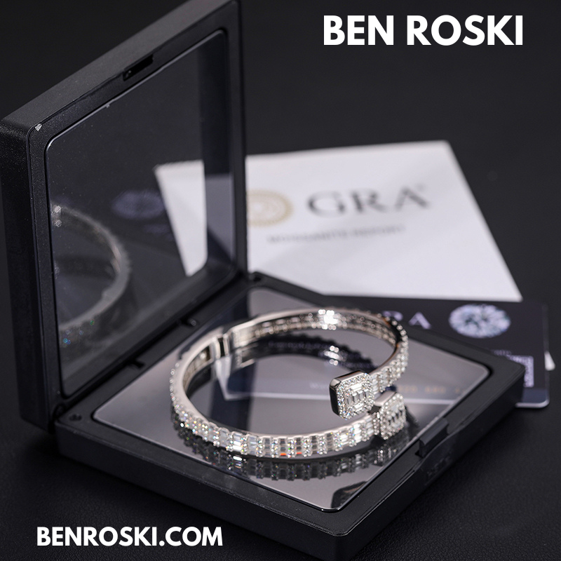 Baguette Moissanite Open Bangle – 7/8-Inch | 5.5MM | Silver, Gold Plated & Rose Gold Plated over 925 Silver | GRA Certified