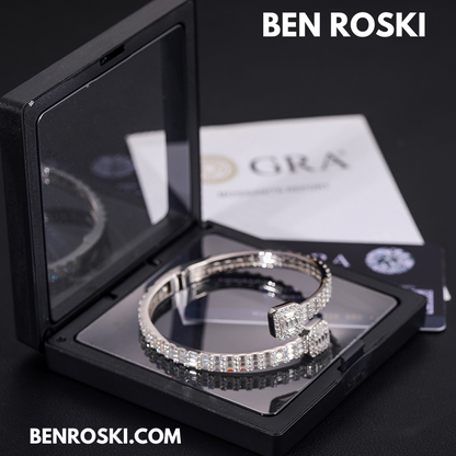 Baguette Moissanite Open Bangle – 7/8-Inch | 5.5MM | Silver, Gold Plated & Rose Gold Plated over 925 Silver | GRA Certified