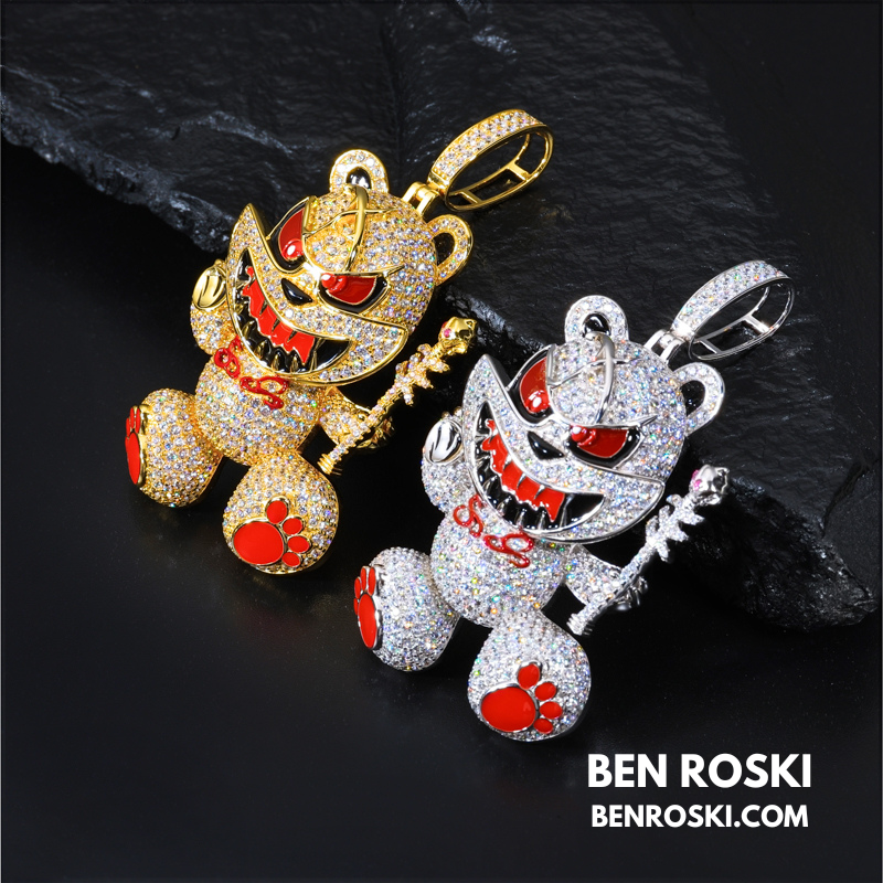 Evil Teddy Bear Pendant Sterling Silver or Gold / Rose Gold Plated | VVS Moissanite | GRA Certified