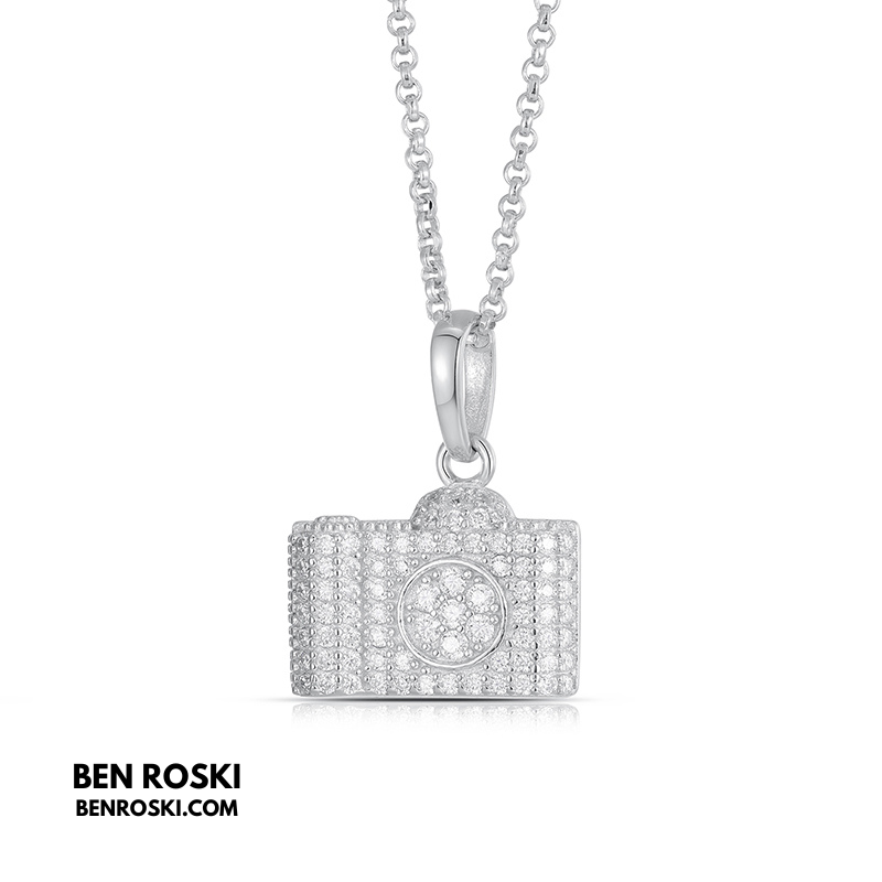 Camera Pendant Necklace Sterling Silver or Gold / Rose Gold Plated | VVS Moissanite | GRA Certified