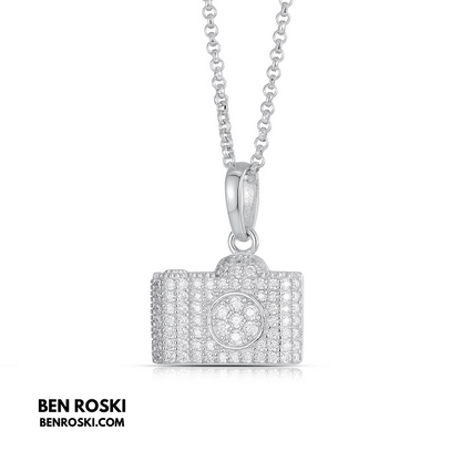 Camera Pendant Necklace Sterling Silver or Gold / Rose Gold Plated | VVS Moissanite | GRA Certified