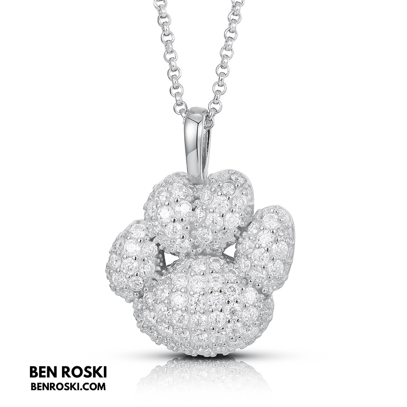 Moissanite Paw Print Pendant Necklace | Sterling Silver, Gold, or Rose Gold | VVS1 | GRA Certified