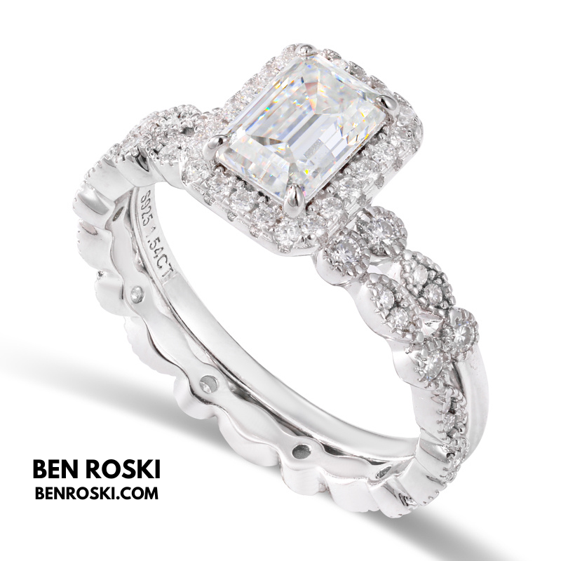 Emerald Cut Halo Moissanite Engagement Ring Sterling Silver, Gold, or Rose Gold | VVS1 Moissanite | GRA Certified