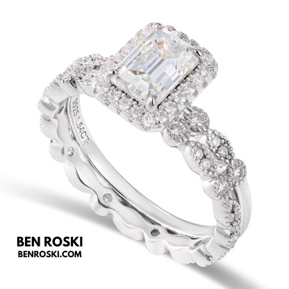 Emerald Cut Halo Moissanite Engagement Ring Sterling Silver, Gold, or Rose Gold | VVS1 Moissanite | GRA Certified