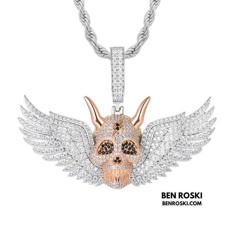 Moissanite Winged Skull Pendant Sterling Silver, Gold & Rose Gold Plated | VVS Moissanite | GRA Certified