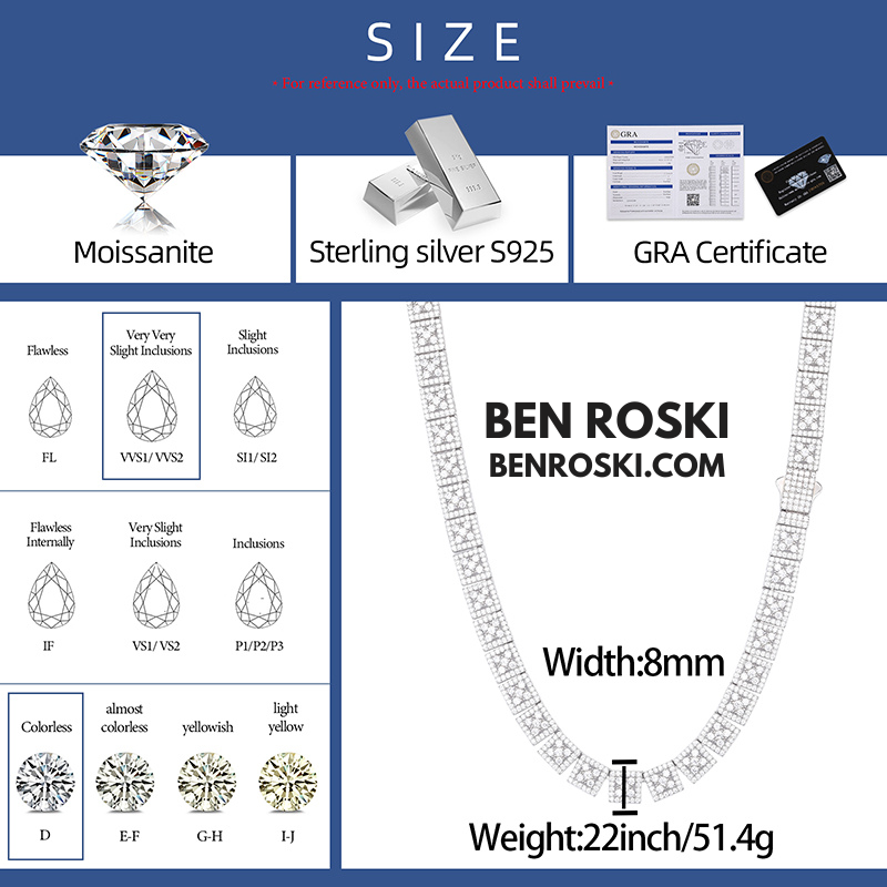 8MM Square Cluster Moissanite Chain Sterling Silver, Gold, or Rose Gold | GRA Certified