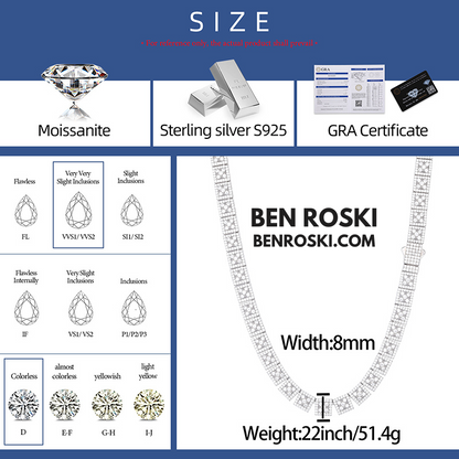 8MM Square Cluster Moissanite Chain Sterling Silver, Gold, or Rose Gold | GRA Certified