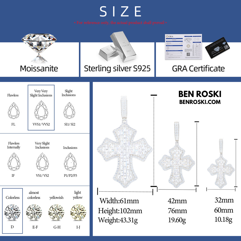 Moissanite Cross Pendant Sterling Silver or Gold & Rose Gold Plated | VVS Moissanite | GRA Certified