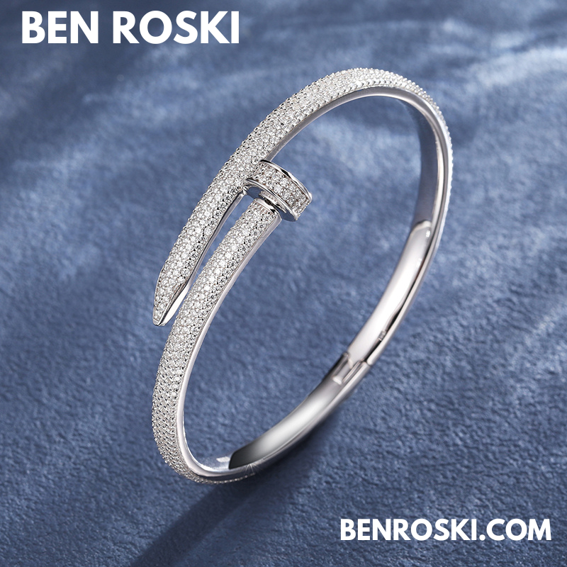 Nail Moissanite Bangle Sterling Silver, Gold Plated & Rose Gold Plated over 925 Silver | GRA Certified