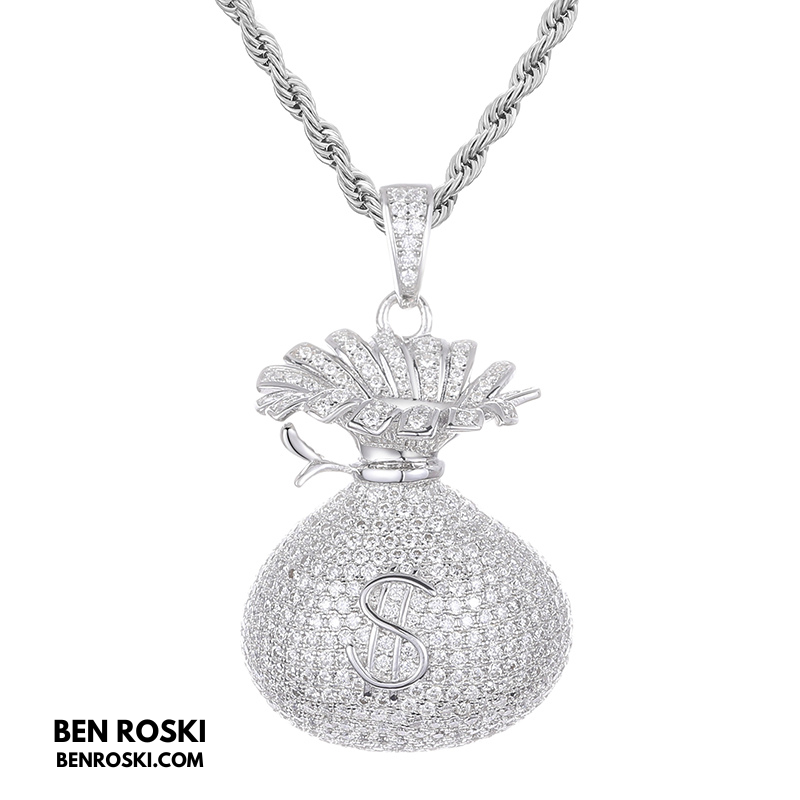 Money Bag Pendant Sterling Silver, Gold  & Rose Gold Plated | VVS Moissanite | GRA Certified