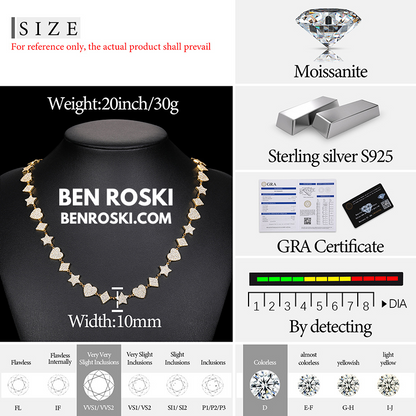 Heart, Star & Diamond Link Moissanite Necklace Sterling Silver, Gold & Rose Gold Options | GRA Certified
