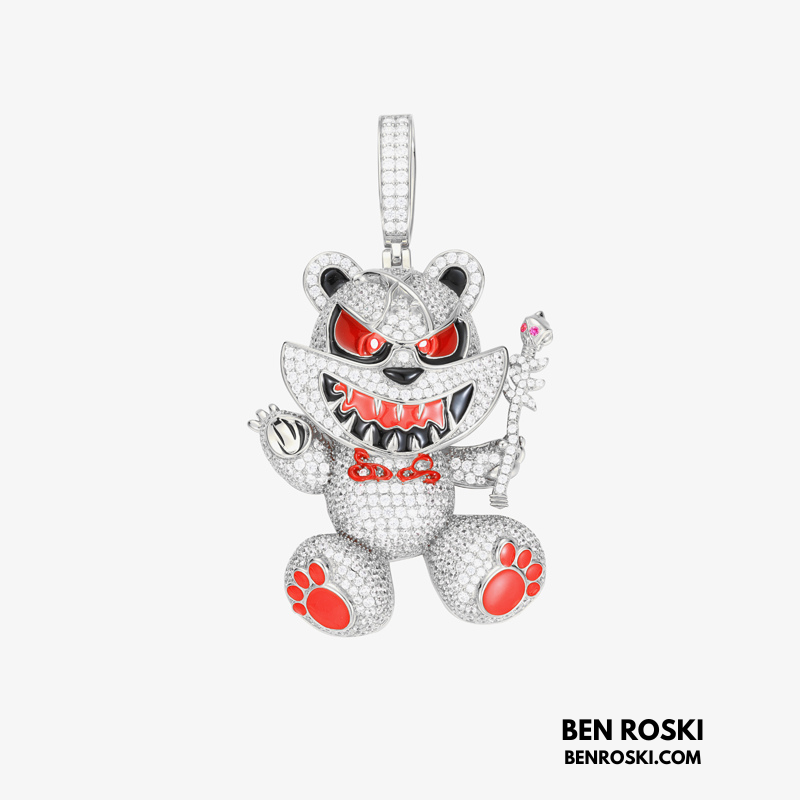 Evil Teddy Bear Pendant Sterling Silver or Gold / Rose Gold Plated | VVS Moissanite | GRA Certified