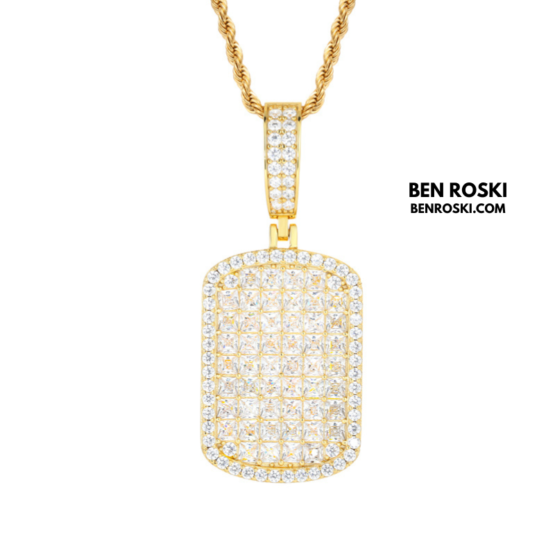 Iced Moissanite Rectangular Pendant Sterling Silver, Gold or Rose Gold Plated | VVS Moissanite | GRA Certified