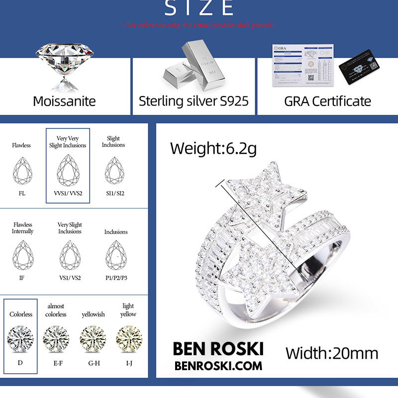 Double Star Moissanite Ring Sterling Silver, Gold & Rose Gold | VVS Moissanite | GRA Certified