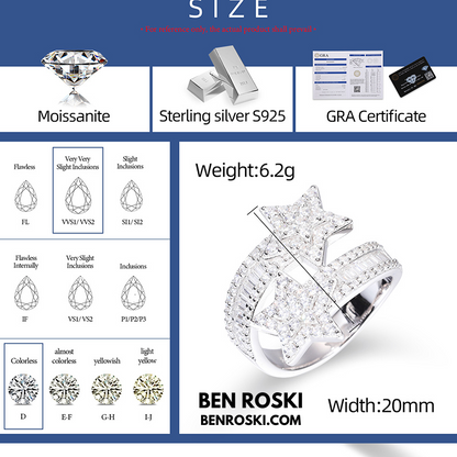 Double Star Moissanite Ring Sterling Silver, Gold & Rose Gold | VVS Moissanite | GRA Certified