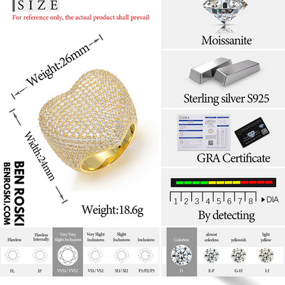 Heart-Shaped Moissanite Statement Ring Sterling Silver with Gold or Rose Gold Plating | VVS Moissanite | GRA Certified
