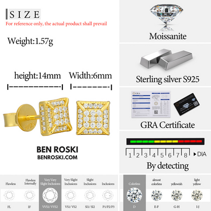 Square Micro-Pavé Stud Earrings Sterling Silver, Gold & Rose Gold Plated | VVS Moissanite | GRA Certified