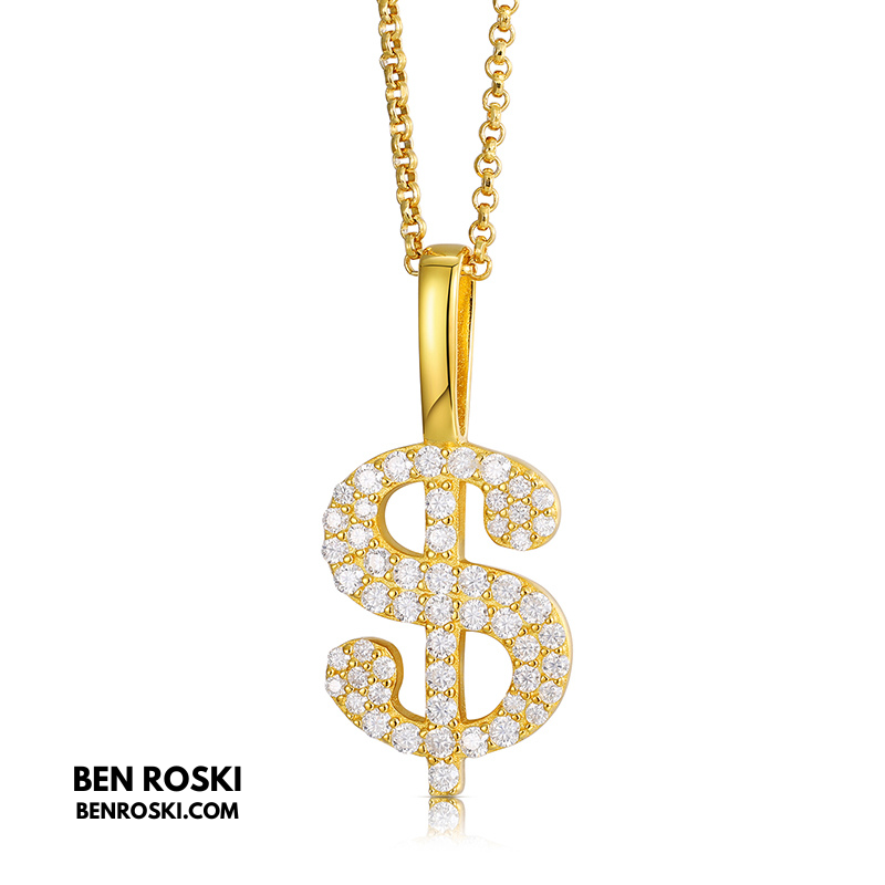 Dollar Sign Pendant Sterling Silver, Gold / Rose Gold Plated | VVS Moissanite | GRA Certified