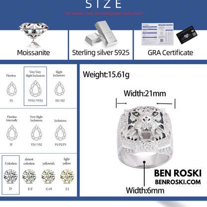 Iced-Out Tiger Head Ring Sterling Silver, Gold & Rose Gold | VVS Moissanite | GRA Certified