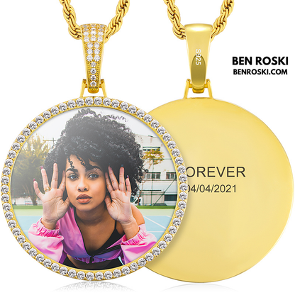 Custom Photo Round Pendant Sterling Silver or Gold & Rose Gold Plated | Moissanite | GRA Certified