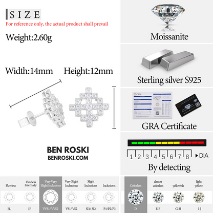 Geometric Cluster Stud Earrings Sterling Silver, Gold, or Rose Gold | VVS Moissanite | GRA Certified