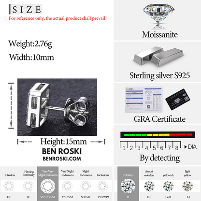 Rectangle Baguette Moissanite Stud Earrings Sterling Silver, Gold & Rose Gold | VVS Moissanite | GRA Certified