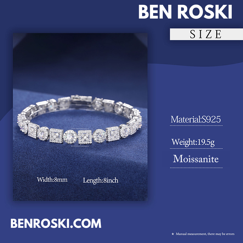 8MM Moissanite Bracelet – Round & Square Link Design | 7" / 8" | Silver, Gold, or Rose Gold | GRA Certified