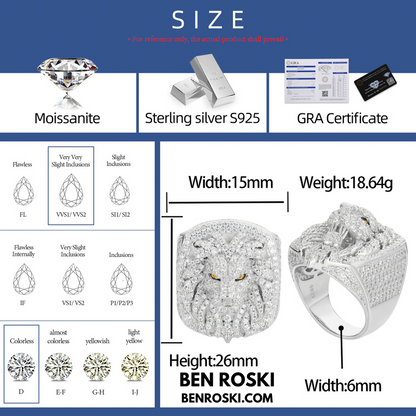 Lion Head Moissanite Ring Sterling Silver, Gold & Rose Gold | VVS Moissanite | GRA Certified