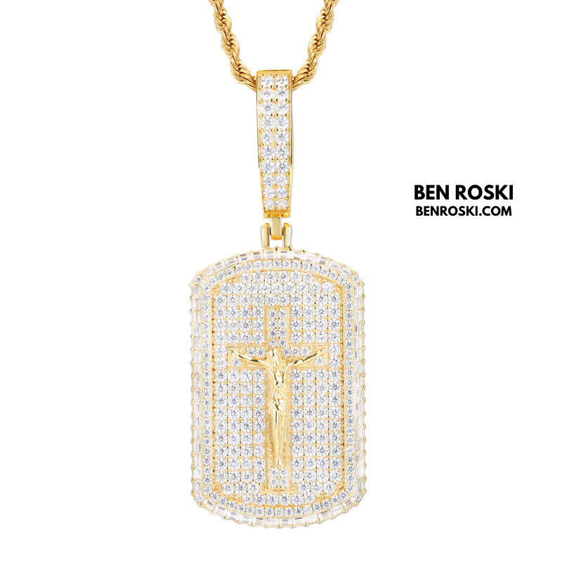 Crucifix Dog Tag Pendant Sterling Silver, Gold & Rose Gold | VVS Moissanite | GRA Certified