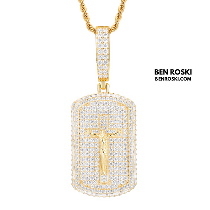 Crucifix Dog Tag Pendant Sterling Silver, Gold & Rose Gold | VVS Moissanite | GRA Certified