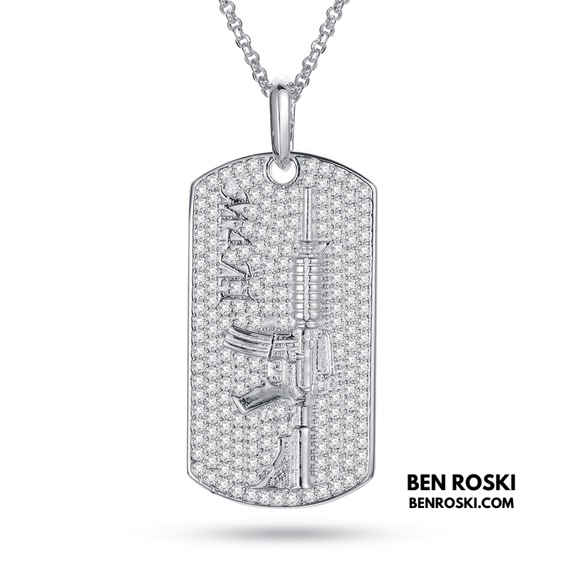 M4 Rifle Dog Tag Pendant Sterling Silver or Gold & Rose Gold Plated | VVS Moissanite | GRA Certified