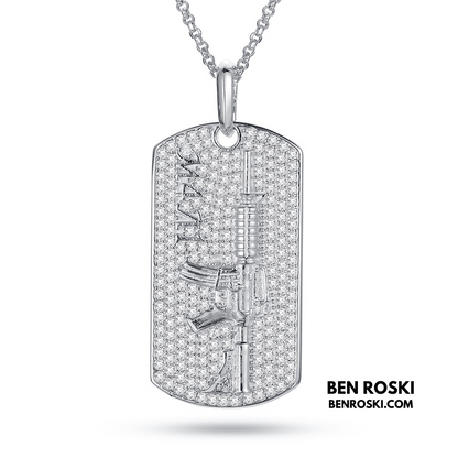 M4 Rifle Dog Tag Pendant Sterling Silver or Gold & Rose Gold Plated | VVS Moissanite | GRA Certified