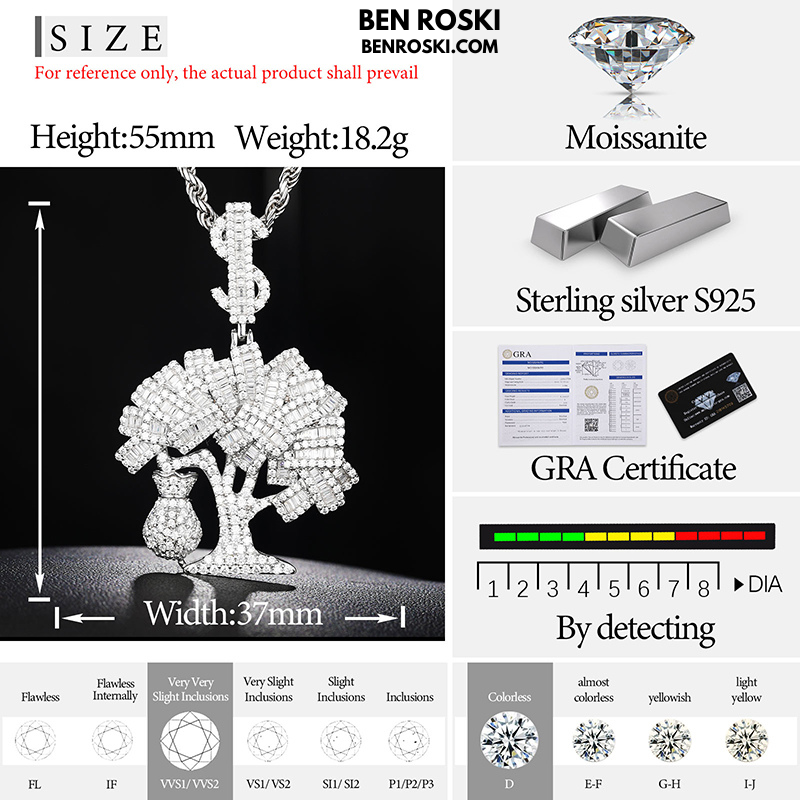 Money Tree Pendant Sterling Silver or Gold/Rose Gold Plated | VVS Moissanite | GRA Certified