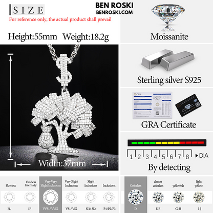 Money Tree Pendant Sterling Silver or Gold/Rose Gold Plated | VVS Moissanite | GRA Certified
