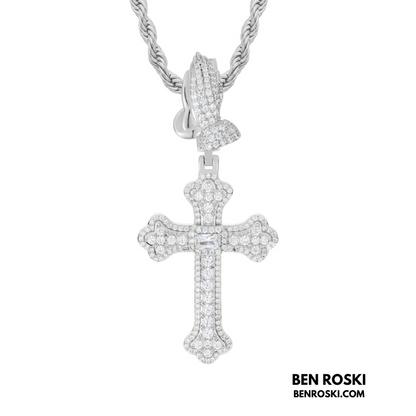 Moissanite Cross Pendant with Praying Hands Bail Sterling Silver, Gold, or Rose Gold | VVS Moissanite | GRA Certified