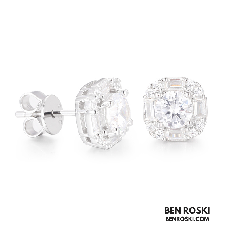 Baguette Halo Stud Earrings Sterling Silver or Gold/Rose Gold Plated | VVS Moissanites | GRA Certified