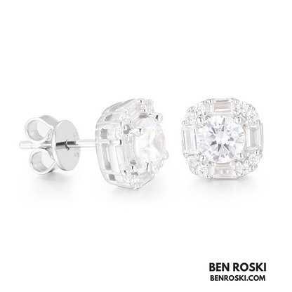 Baguette Halo Stud Earrings Sterling Silver or Gold/Rose Gold Plated | VVS Moissanites | GRA Certified