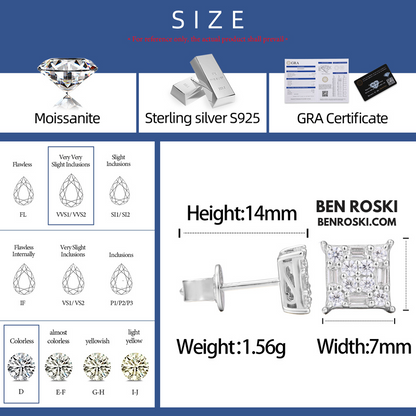 Square Cluster Stud Earrings Sterling Silver or Gold/Rose Gold Plated | VVS Moissanite | GRA Certified