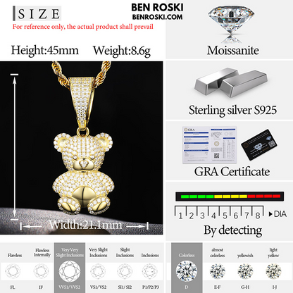 Moissanite Teddy Bear Pendant Sterling Silver, Gold, or Rose Gold | VVS Moissanite | GRA Certified