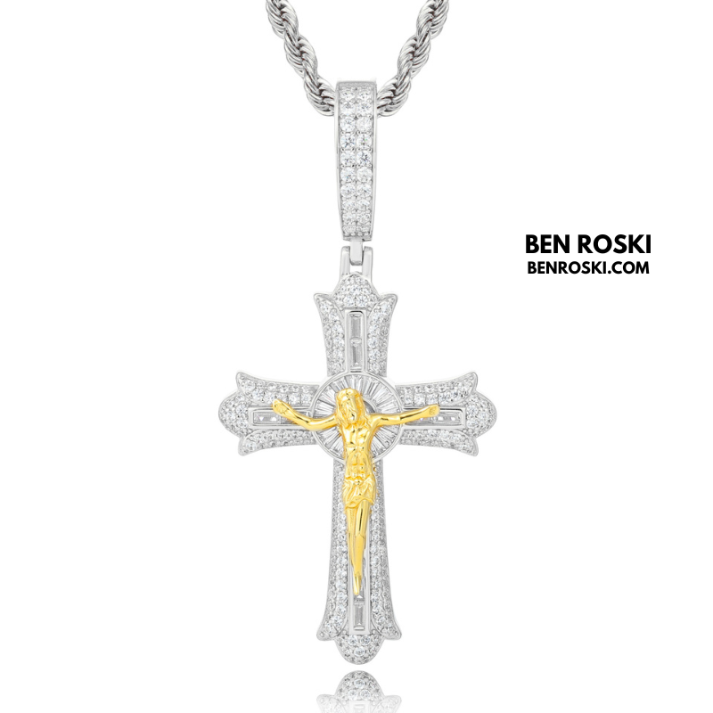 Crucifix Moissanite Cross Pendant Sterling Silver, Gold & Rose Gold | VVS Moissanite | GRA Certified