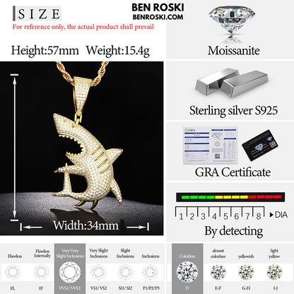 Iced-Out Shark Pendant Sterling Silver, Gold, or Rose Gold | VVS Moissanite | GRA Certified