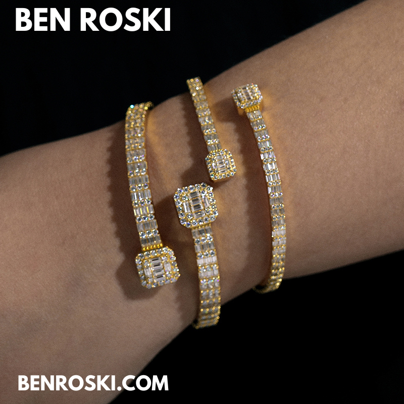 Baguette Moissanite Open Bangle – 7/8-Inch | 5.5MM | Silver, Gold Plated & Rose Gold Plated over 925 Silver | GRA Certified