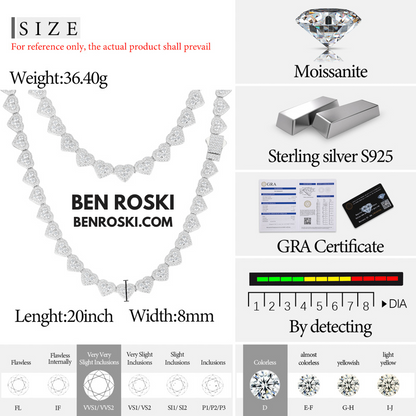 8MM Heart Moissanite Chain Sterling Silver, Gold, or Rose Gold | GRA Certified