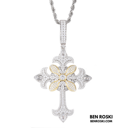 Floral Cross Pendant Sterling Silver, Gold & Rose Gold | VVS Moissanite | GRA Certified