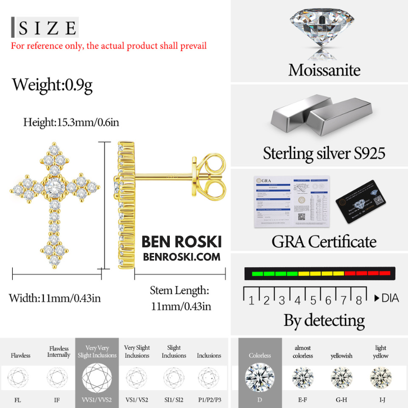Moissanite Cross Stud Earrings Sterling Silver, Gold, or Rose Gold | VVS Moissanite | GRA Certified